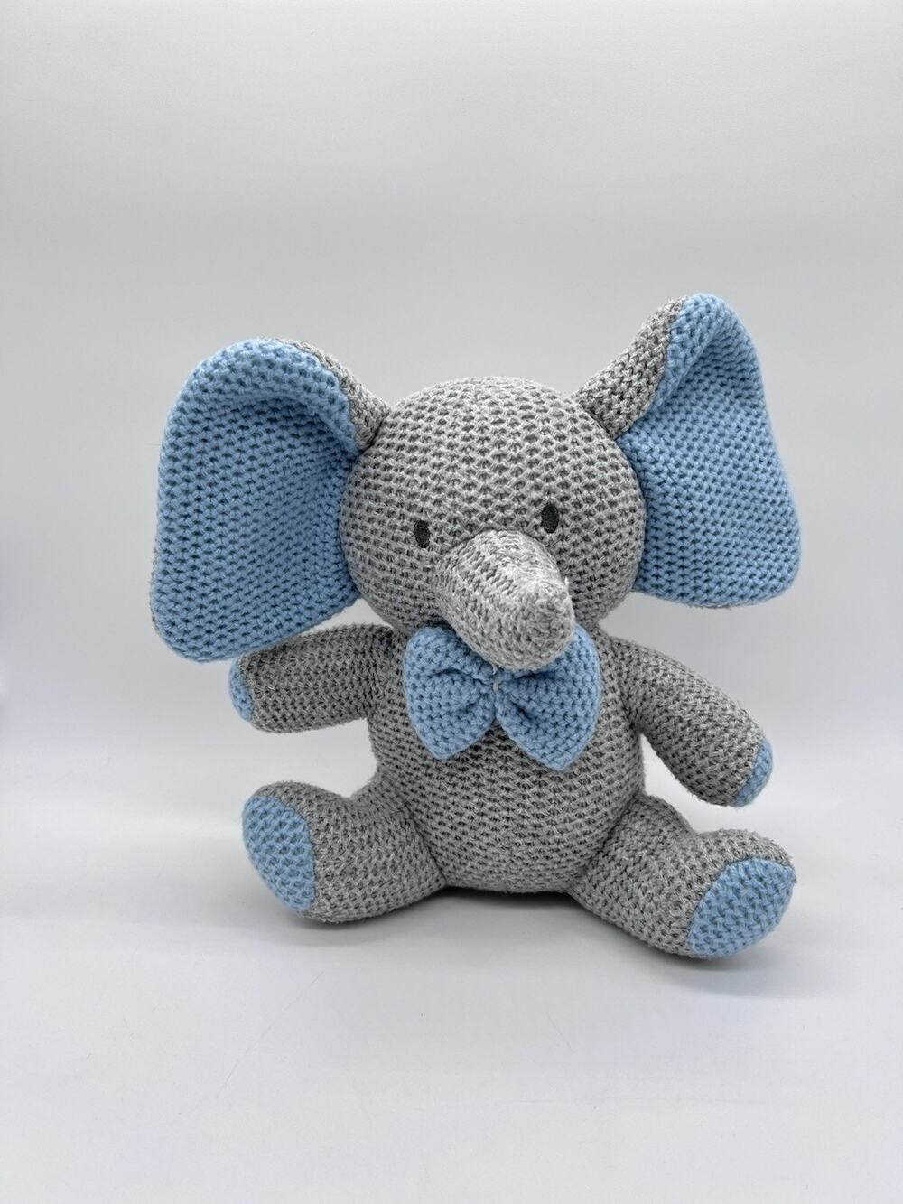 Modern Baby Elephant Plush Knit Stuffed Animal Grey Blue Bow Tie Nursery Toy